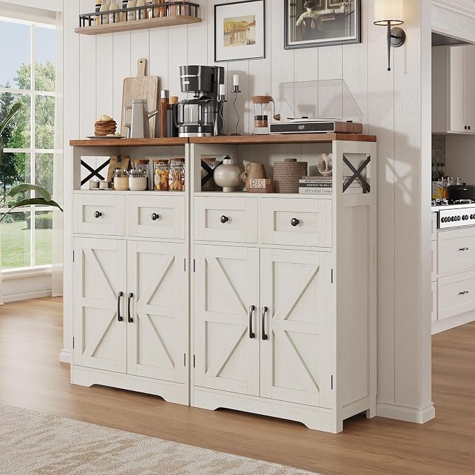 Farmhouse Storage Cabinet Set of 2, Small Kitchen Pantry Coffee Bar Cabinet | Accent Buffet Cabinet Cupboard, 2 Drawers, Barn Doors & Adjustable Shelves, for Kitchen/Entryway/Bathroom, Antique White