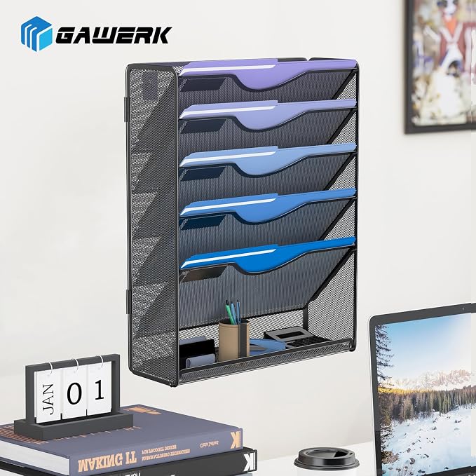 Gawerk 6 Tier Hanging File Organizer, Mesh Wall File Holder Paper Folder Rack with Bottom Flat Tray for Office Home, Black