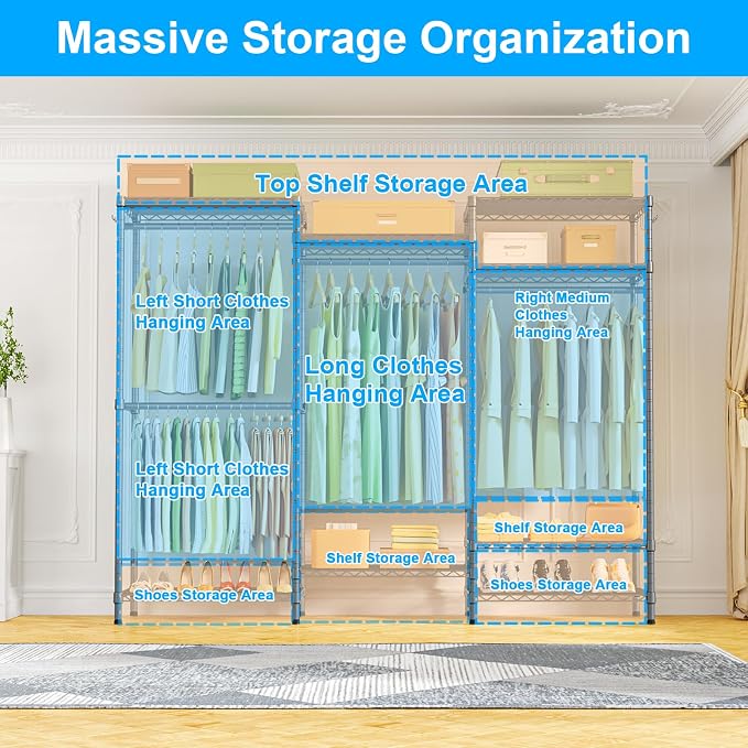 E13 Heavy Duty Clothes Rack（With 4 Hanger Rods & 8 Shelves） Freestanding Clothing Racks for Hanging Clothes，Adjustable Closet Organizer，Metal Garment Rack 63" W x16 D x77 H，Max Load 900LBS，Grey
