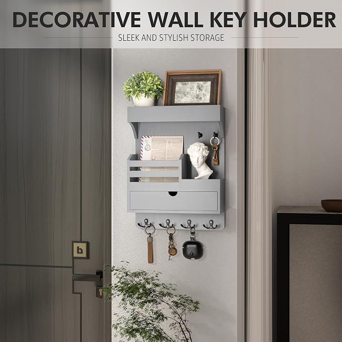 Rebee Vision Key Holder Wall Mount with Drawer &Shelf for Entryway, Gray | Key Holder for Wall, 6 Key Hooks, Floating Shelf, Drawer Organizer, Mail Organizer, Trendy Home Decor, Room Decor Aesthetic