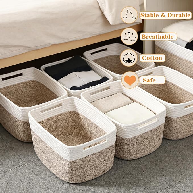 6 Pack Woven Rope Baskets, 12.6"×9"×7.8" Storage Bins, White&Brown | Storage Boxes for Toys, Books, Towels, Clothes, Shelf Baskets Organizer,Empty Gift Baskets for Living Room, Bathroom, Bedroom