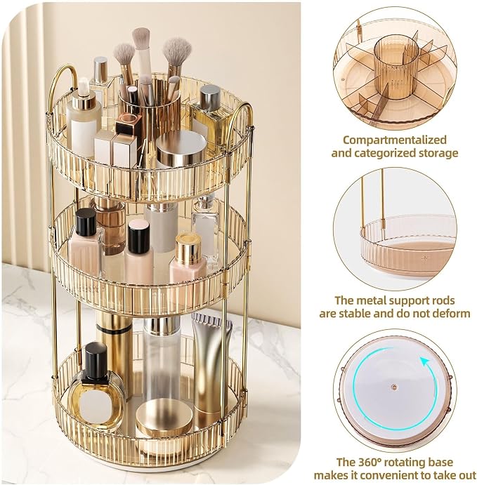 360° Rotating Makeup Organizer, Large-Capacity Skincare Make Up Storage 3 Tier Perfume Organizers Cosmetic Dresser Organizer with Makeup Brush Holder, Fits Bedroom, Bathroom, Vanity Shelf Countertop