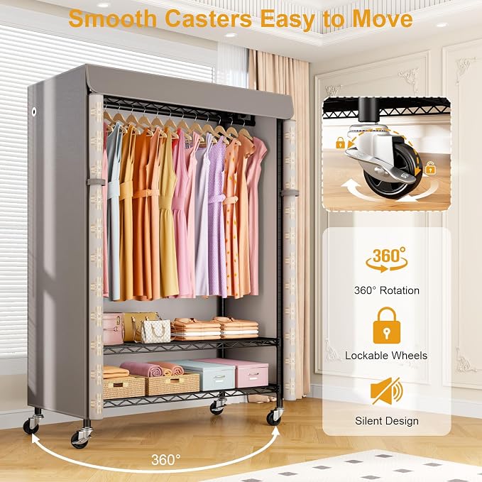 P6C Plus Rolling Clothes Rack with Cover, Covered Clothing Rack | Portable Closets for Hanging Clothes, Heavy Duty Garment Rack on Wheels, Black Closet Rack with Pattern Cover Max Load 375LBS