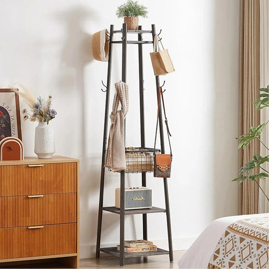 VECELO Coat Rack Freestanding,Hall Tree with Metal Basket and Storage Shelves,Industrial Coat Rack Stand with 8 Hooks for Hanging Coats/Hats/Bags/Umbrellas,18 x 18 x 72 In,Antique Brown