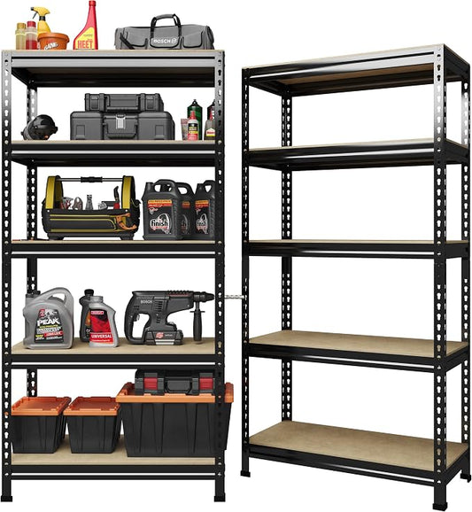 PrimeZone 5-Tier Garage Storage Shelves, Adjustable Metal Shelving, Black | 32"W x 16"D x 63" H, Heavy-Duty Metal Frame & Connectors, FSC MDF Boards, Deep Storage for Garage, Pantry, Warehouse, 2 PCS