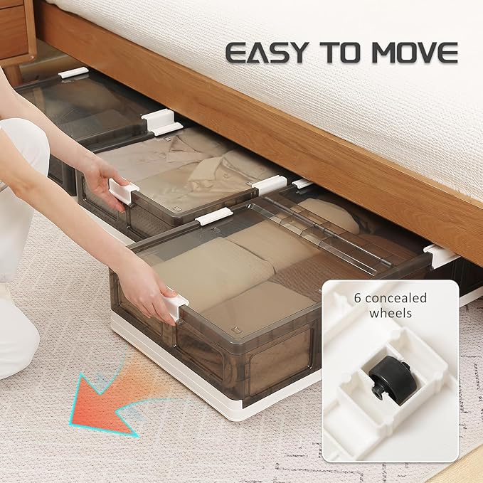 Under Bed Storage Containers with Wheels - Stackable, Foldable Plastic Storage Boxes with Lids for Clothes, Shoes, Blankets - Perfect for Bedroom Organization and Dorms (1 Pack-25.2''x16.5''x7.9'')