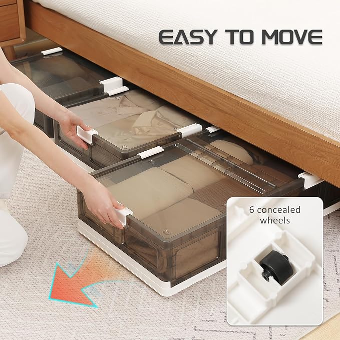 Under Bed Storage Containers with Wheels - Stackable, Foldable Plastic Storage Boxes with Lids for Clothes, Shoes, Blankets - Perfect for Bedroom Organization and Dorms (1 Pack-32.9''x16.1''x8.1'')