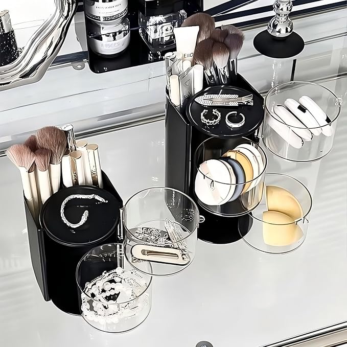 Azurphoric Hair Accessories Organizer with Hair Brush Holder(Black,2-Layer) | Rotatable Makeup Brush Holder for Necklaces, Earring, Bracelet, Ring, Makeup Brushes, Hair Clip and Hair Accessories