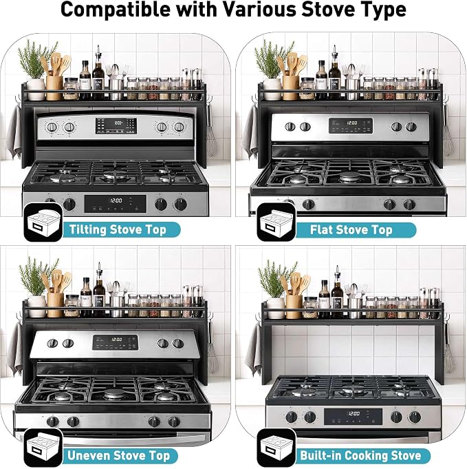 Spice Rack Shelf for Kitchen Stove, Over The Stove Shelf with 4 Hooks, Premium Wood & Metal Commbined Spice Rack Organizer Extra Storage Countertop (Black)