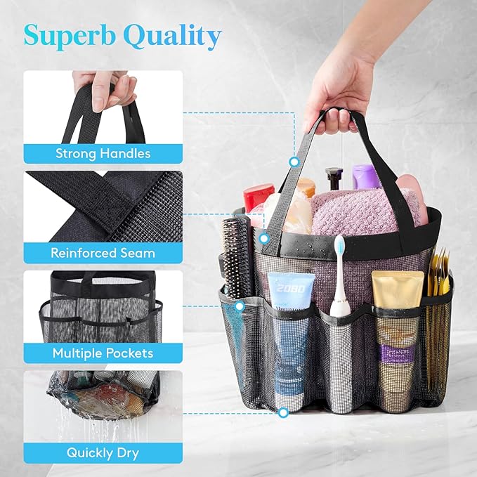 Lifewit Mesh Shower Caddy 2 Packs, Freestanding Portable Shower Tote Bag for Dorm, Bathroom, Gym, Travel, Quick Dry Hanging Organizer with 7 Storage Pockets for Toiletry Essentials, Black