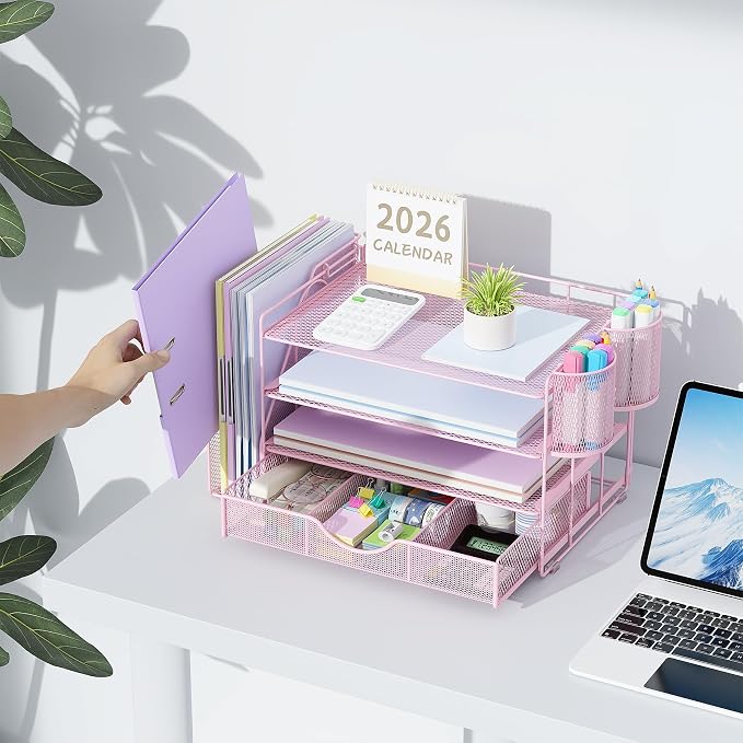 gianotter Desk Organizers and Accessories with File Holder, 4-Tier Desk Accessories & Workspace Organizers with Drawer and 2 Pen Holder, Paper Organizer for Office Supplies (Pink)