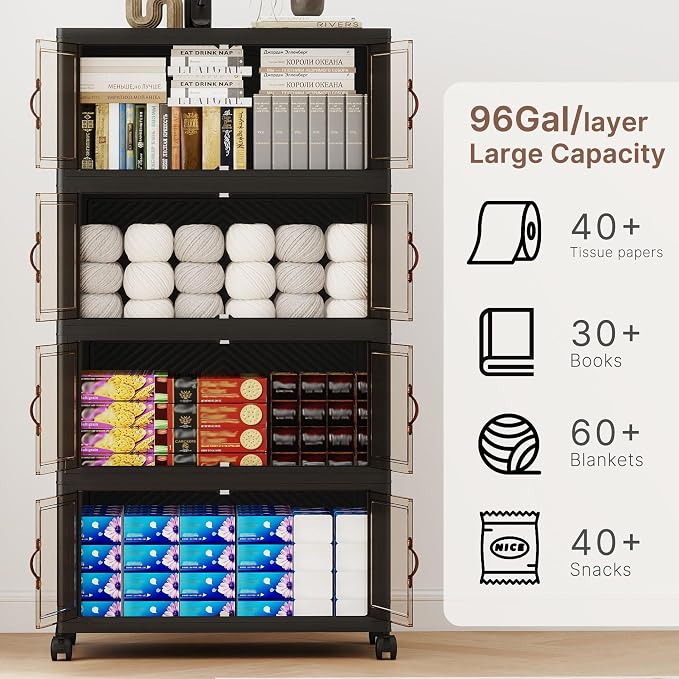 384QT Extra Large Stackable Storage Bins with Lids | & Wheels & Door, 96Gal Foldable Collapsible Closet Organizers, Plastic containers drawers for bedroom Dorm