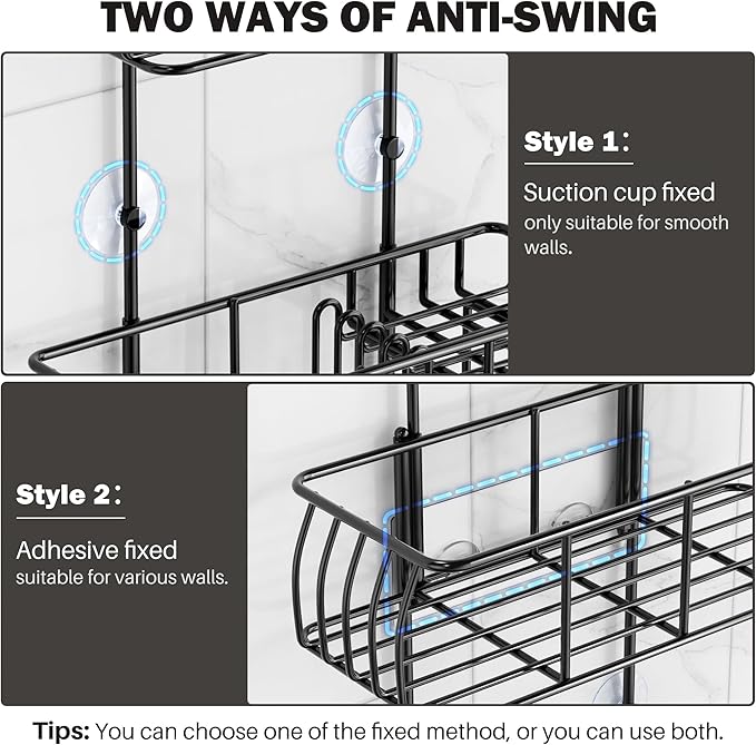 Epicano Shower Caddy Hanging,Large Capacity Shower Organizer,Black | Rustproof,Built-in Soap Dish & 4 Hooks for Loofahs,Suction & Adhesive Install,No Drilling Bathroom Shelves for Inside Shower