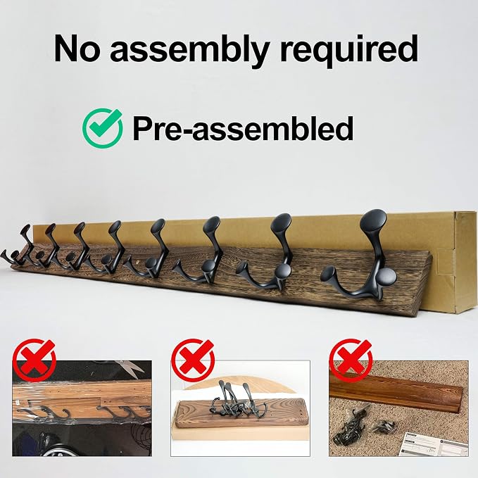 WEBI Coat Rack Wall Mount,30" Solid Wood Coat Hooks Wall Mounted Coat Hanger,16" Hole to Hole,Heavy Duty Hook Rack Rail,5 Triple Hooks for Hanging Coats,Jacket,Clothes,Hat,Backpack,Weathered Brown