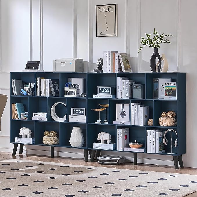 LEYAOYAO 10 Cube Bookshelf,Mid-Century Modern Bookcase with Legs,Dark Blue | 3 Tier Book Shelf,Rustic Wood Bookshelves Freestanding Large Storage Organizer, Open Shelves for Bedroom, Living Room, Office