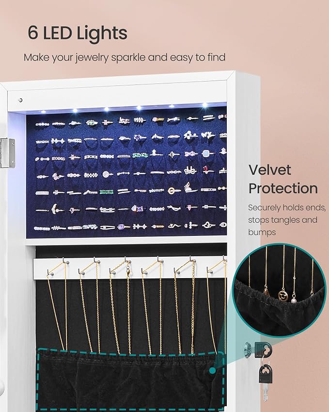 SONGMICS Jewelry Cabinet, Wall or Door Mounted Armoire with Full Length Mirror, Large Capacity Organizer, 6 LED Lights, 42.5 x 3.9 x 14.6 inch, White, BERIT Collection UJJC092W101