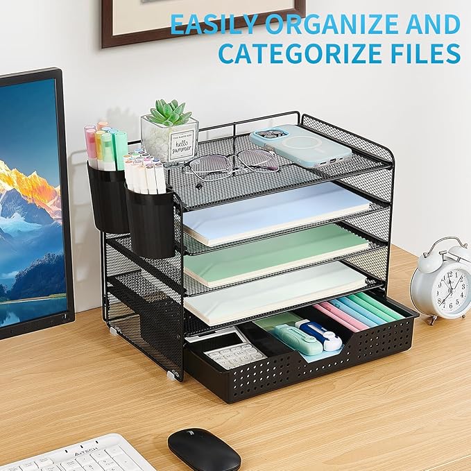 LEKETREE Desk Organizer and Accessories, 5-Tier Paper Letter Tray Organizer with Drawer & 2 Pen Holders for Desktop File Organization, Office Desk Accessories for Supplies Storage (Black)