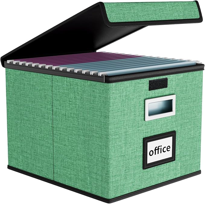 File Organizer Box with Lids, Collapsible File Folder Organizer | File Box with Plastic Slides for Document, Filing Bin for Letter Size Hanging File Folders (1 Pack, Light Green)
