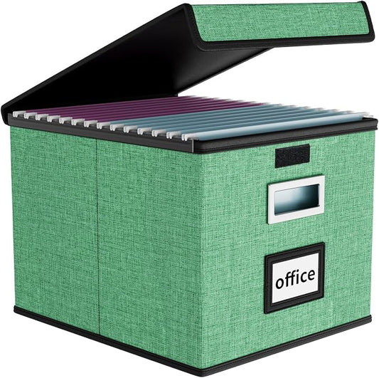 File Organizer Box with Lids, Collapsible File Folder Organizer | File Box with Plastic Slides for Document, Filing Bin for Letter Size Hanging File Folders (1 Pack, Light Green)