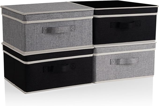 Storage Bins with Lid, Foldable Clothing Storage Box case with Handle for Closet, Bedroom, Home, Gray+Black, 13L x 12.5W x 7H inch