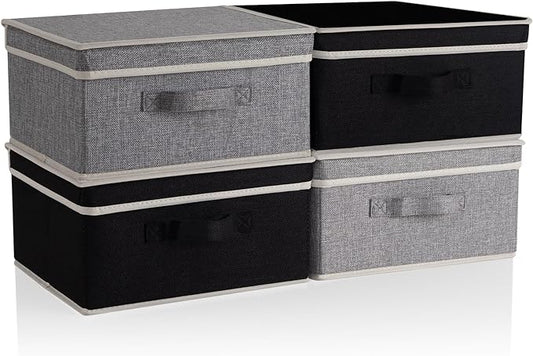 Storage Bins with Lid, Foldable Clothing Storage Box case with Handle for Closet, Bedroom, Home, Gray+Black, 13L x 12.5W x 7H inch