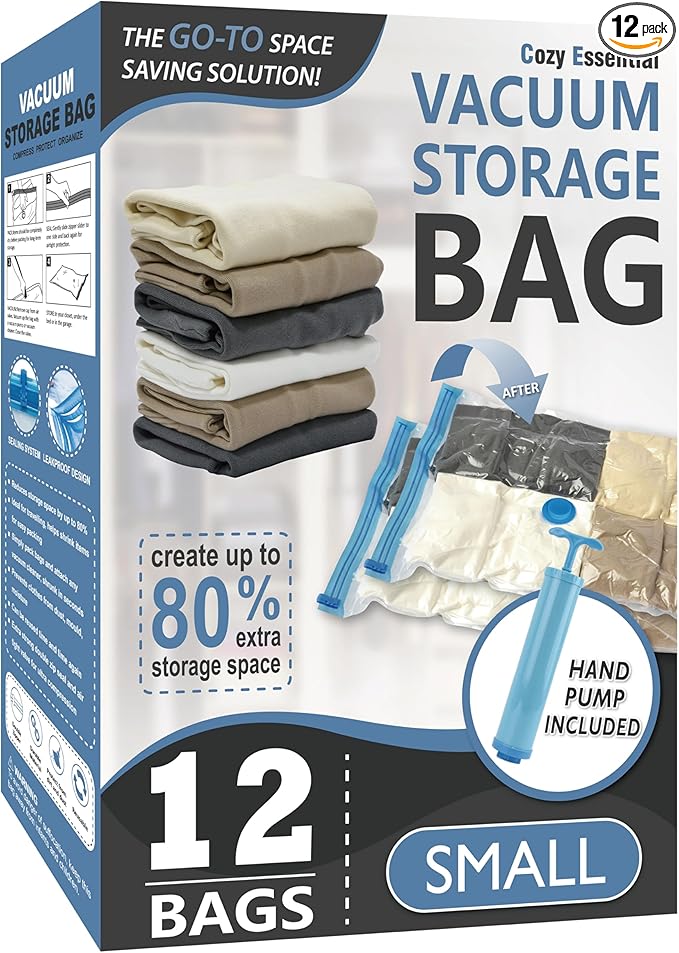 Cozy Essential Vacuum Storage Bags, 80% Compression Vacuum Seal Space Saver Plastic Packaging Bags for Clothes, Blankets, Pillow, Bedding, Comforters, Sealer Clothing Storage,12 Small