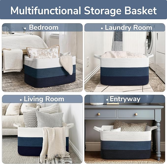 Goodpick Large Woven Rope Blanket Basket, Rectangle Storaget, Light Blue | 21.6 x 14.9 x 11.8 in, Reinforced Handles, Living Room, Bedroom & Nursery Organization, Toys, Books & Blanket Storage