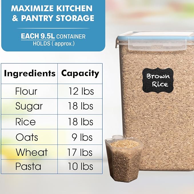 Shazo 2 PC (9.5L | 321 Oz) Extra Large Bulk Food Storage Containers with Airtight Lids for Flour, Sugar, Rice, Cereal & Pasta - Leakproof, BPA-Free Plastic Canisters for Kitchen & Pantry Organization