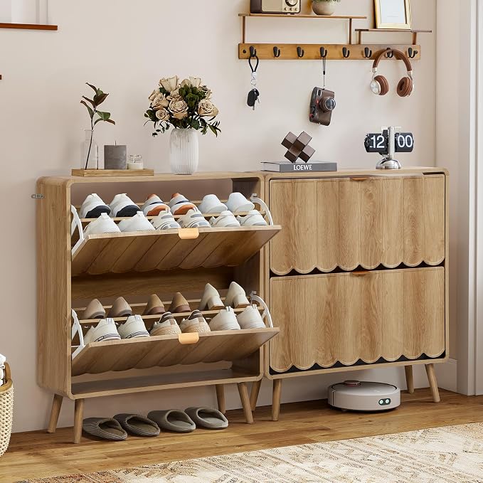 Shoe Storage Cabinet for Entryway with 2 Flip Drawers Set of 2, Freestanding Narrow Wood Shoe Cabinet with Wave Panel, Hidden Shoe Organizer for Foyer, Hallway (Natural)