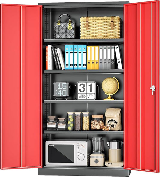 INTERGREAT Metal Storage Cabinet, 72” H Storage Cabinet with 2 Doors and 4 Adjustable Shelves for Office, Home, Garage, Pantry (Assembly Required, Black Red)