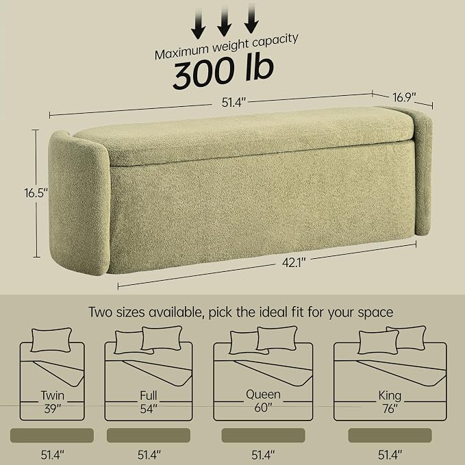 VKNOW Storage Bench, Upholstered Storage Ottoman Bench, Light Green | Ottoman Bench with Large Capacity, Curved Frame, King Size Bench, Storage Bench for Bedroom, Living Room, Entryway, Window