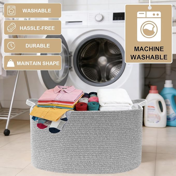 65L Collapsible Woven Rope Laundry Basket with Handles, Grey | 21x16x12 Foldable Rectangular Blanket Basket for Toys, Clothes & Pillows,Ideal for Nursery, Bathroom, Bedroom, Living Room