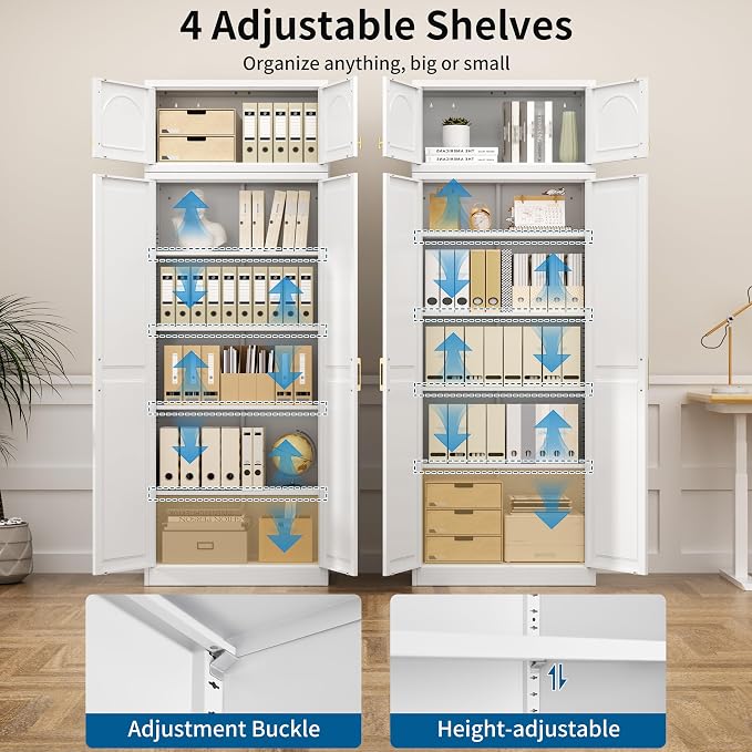 86" Tall Metal Kitchen Pantry Storage Cabinet with Doors | Extra Large Heavy Duty Steel Cabinet, 4 Adjustable Shelves, Easy-Access Gold Handles, White, 2 Packages, Home Office Pantry