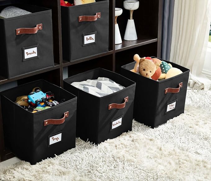 DECOMOMO Storage Bins, Cube Storage Bin with Labels | 13" x 13" x 13" Fabric Storage Cubes for Shelves (6pcs, Black)