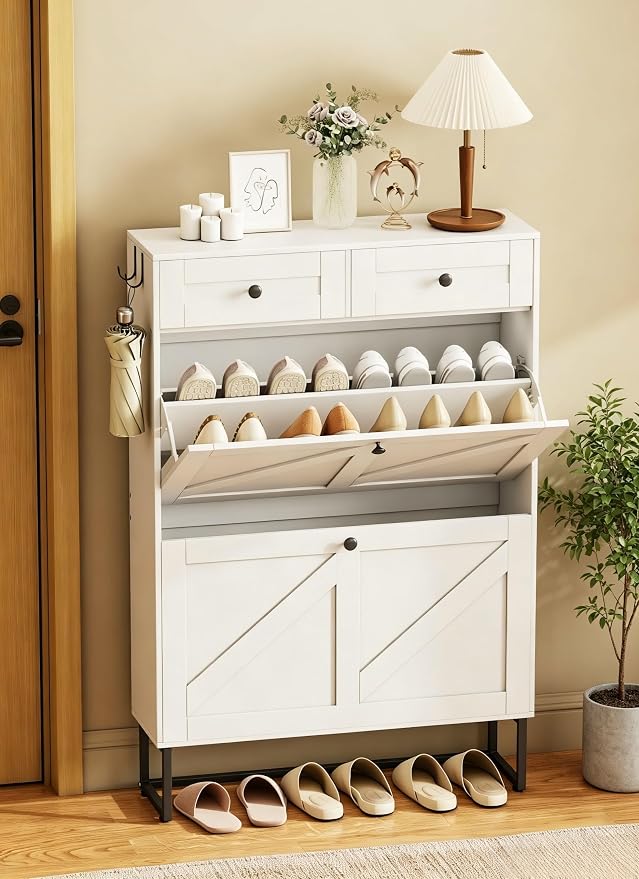 Shoe Storage Cabinet with 2 Flip Drawers & 2 Fabric Drawers, Farmhouse Hidden Shoe Organizer Cabinet with Adjustable Panel and Hooks, Narrow Slim Shoe Cabinets for Entryway, Hallway, Porch