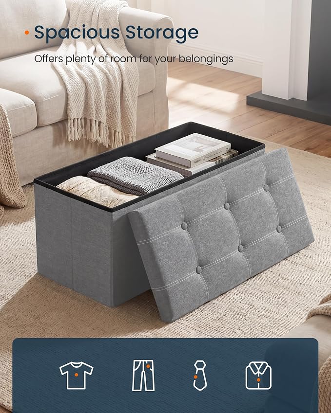 SONGMICS Home Storage Ottoman, 21 Gallons End of Bed Bench, 15.2 x 30.2 x 15.2 Inches, for Bedroom, Entryway, Living Room, Light Gray