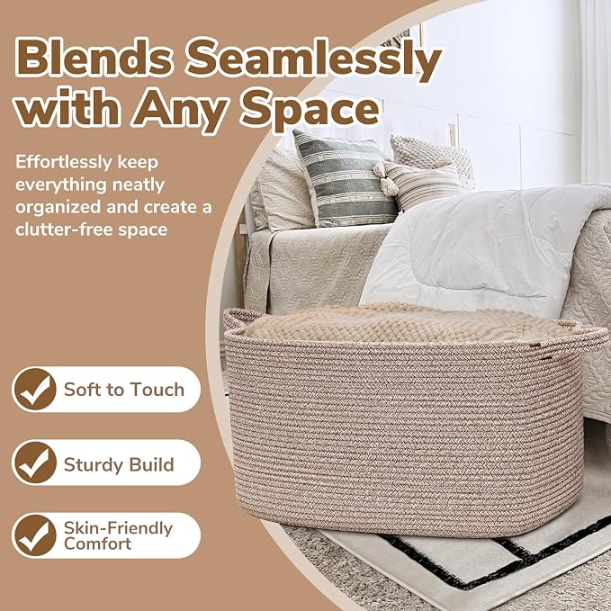 Goodpick Large Woven Storage Basket, Rectangle Organizer, Brown | 21.6 x 14.9 x 11.8 in, Cotton Rope, Living Room, Bedroom & Nursery Organization, Blankets, Toys & Clothes Storage