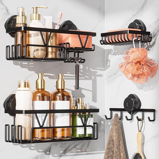 KEGII Shower Caddy Suction Cup, 4 Pack Suction Shower Shelf with Towel Rack No Drilling, Removable Shower Organizer with Hooks & Soap Holder, Space-Saving Bathroom Storage (Black)