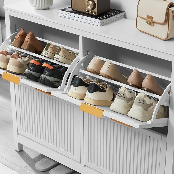 4-Flip Drawer Shoe Cabinet Narrow Entryway Rack, White | Vertical Wood Grain, Metal Handles, Adjustable Compartments, Removable Shelf, Anti-Tip Device, for Hallway Foyer Entryway