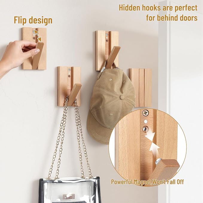 Wall Hooks for Small Space: 2Pack Foldable Wood Natural Coat Hooks | Hangers for Limited Spaces - Hanging Towel Backpack Bags Jacket - Space Saving Minimalist Design for Aesthetic Homeowners