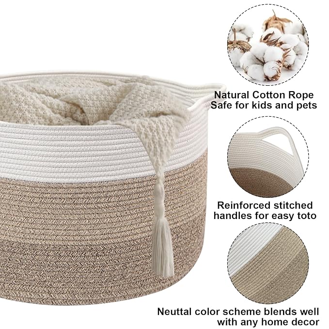 90L Extra Large Blanket Basket,Woven Rope Laundry Basket-Mix Brown | Collapsible Nursery Storage Bin with Sturdy Handles, Organizes Clothes, Toys and Pillows for Living Room, Bedroom, Bathroom