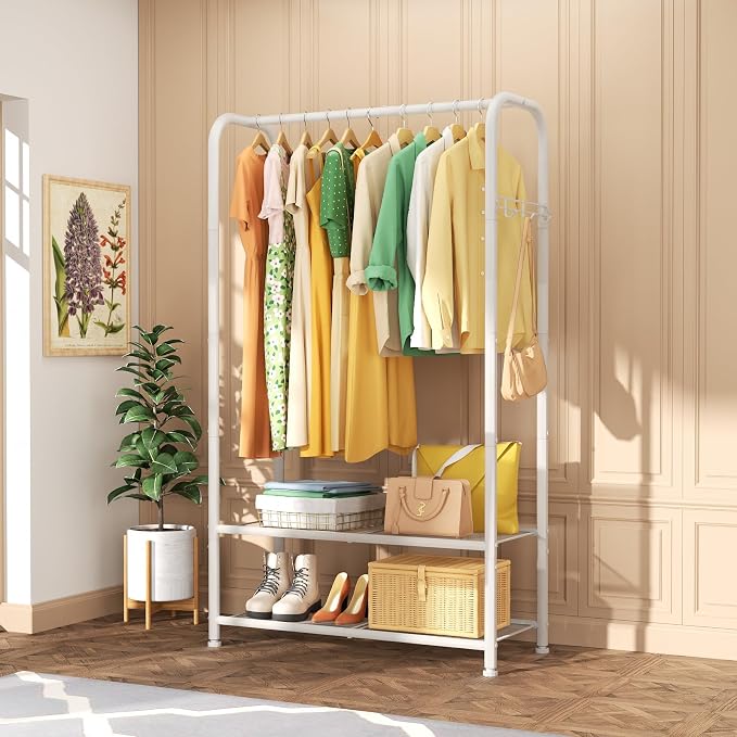 SINGAYE Wardrobe Standing Closet Clothing Rack With Shelf Hanging Clothes | Wardrobe Open Compact Small Metal Garment Hanger Stand Alone Free Standing Black Closet Rack Storage Organizer Heavy Duty