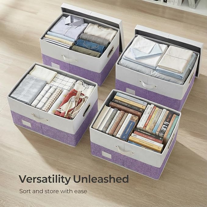 PRANDOM Storage Bins with Lids [3-Pack] Linen Fabric Foldable Storage Boxes Organizer Containers Baskets Cube with Cover for Bedroom Closet Office White&Purple (23.4X15.9X11.4)