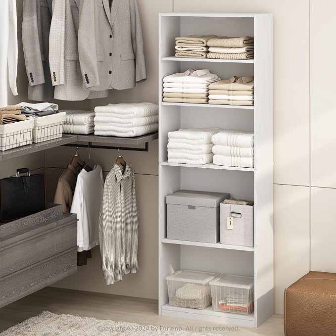 Furinno Reed Closet Organizers and Storage, 5-Tier Closet Organizer, Open Shelf Closet Storage, for Wardrobe, Bedroom, Living Room, White