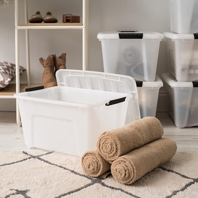 IRIS USA 4-Pack 32 Quart Storage Bins with Lids, Pearl | Conceals contents for a clean look. Great for linens, décor, closet storage, and supplies. Nestable design saves space