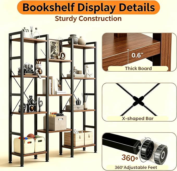 HealSmart Triple Column 4 Tier Bookshelf, Industrial Bookcase with 11 Open Display Adjustable Shelves, Wide Convertible Display Modern Bookshelf for Living Room & Home Office, Brown
