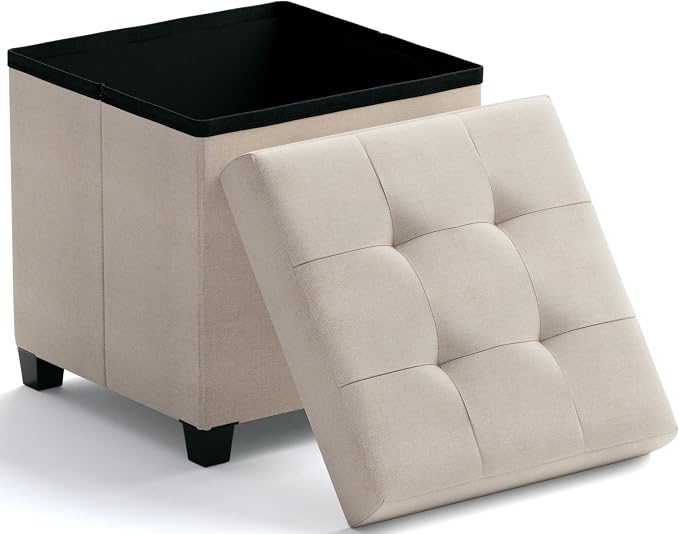 Ornavo Home Square Cube Storage Ottoman with Legs, 15x15x15, Beige | Foot Rest Stool Seat; Holds Up to 600 lbs; Ideal for Living Room, Bedroom, Home Office or Dorm