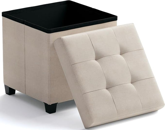 Ornavo Home Square Cube Storage Ottoman with Legs, 15x15x15, Beige | Foot Rest Stool Seat; Holds Up to 600 lbs; Ideal for Living Room, Bedroom, Home Office or Dorm