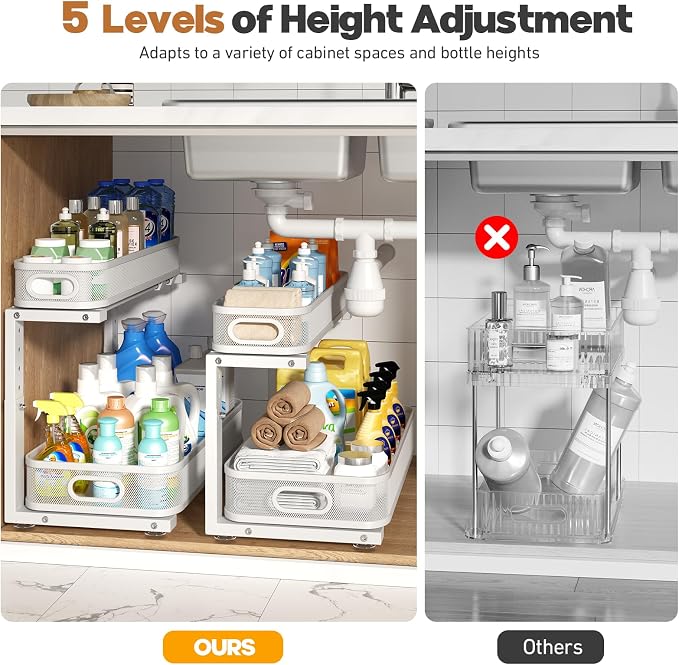 2 Pack 19.3IN-Depth Under Sink Organizer with Smooth Cylindrical Rail,2-Tier Pull Out Multi-Purpose Cabinet Storage for Bathroom&Kitchen,Height Adjustable,Rust-Resistant Coating-White