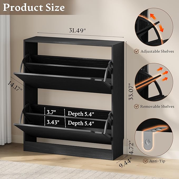 BORNOON Shoe Cabinet with 2 Flip Drawers, Slim Narrow Shoe Storage Cabinet, Freestanding Shoe Organizer with Adjustable & Removable Shelves, Top Display Shelf for Entryway, Hallway, Foyer, Closet